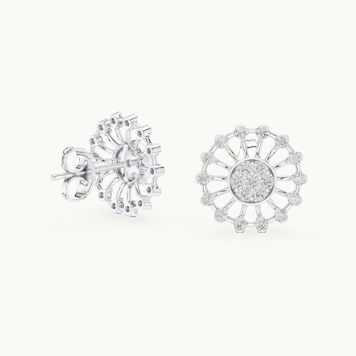 Round lab-grown diamond openwork sunburst stud earrings in white gold, 0.70 CT TW, view 1