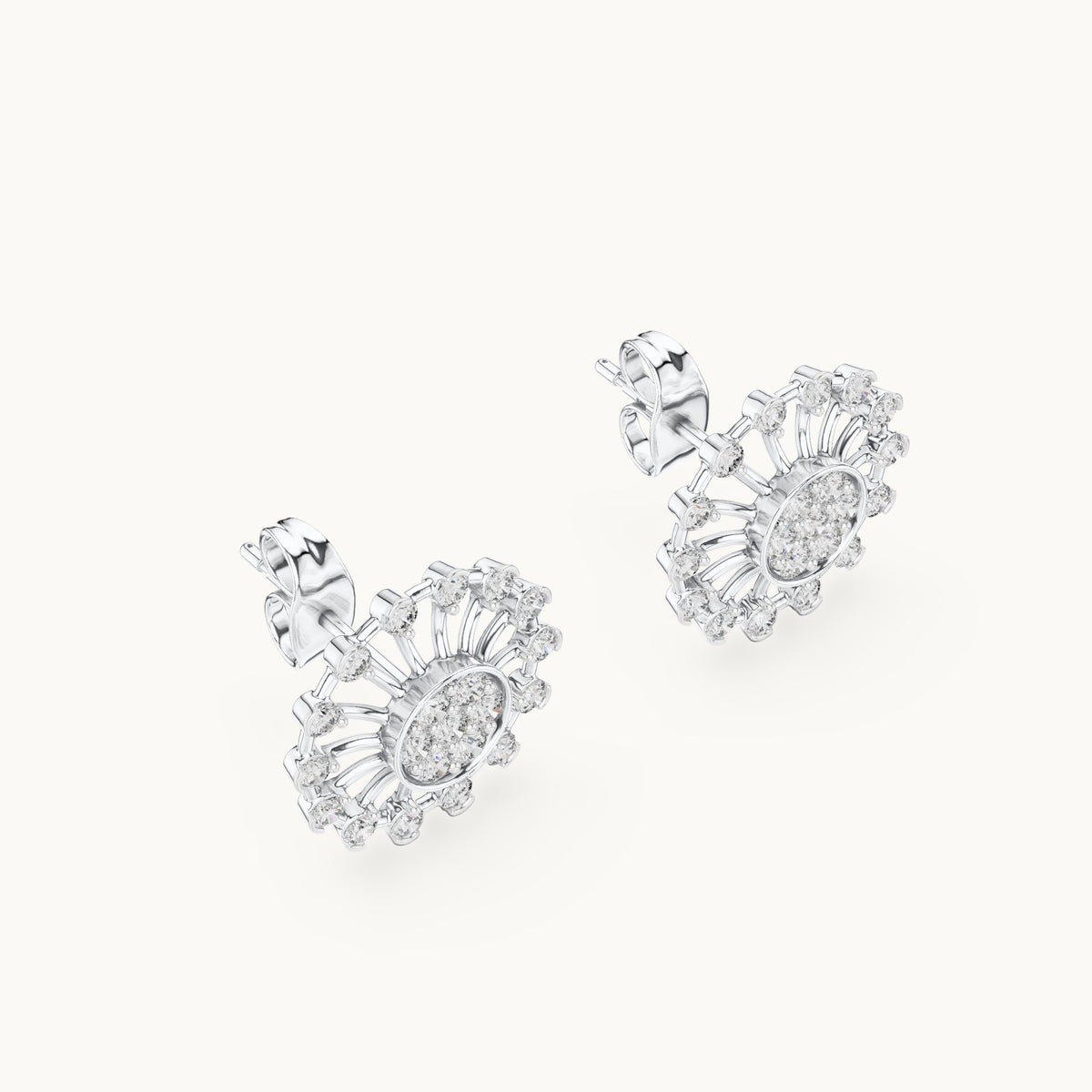 Round lab-grown diamond openwork sunburst stud earrings in white gold, 0.70 CT TW, view 2
