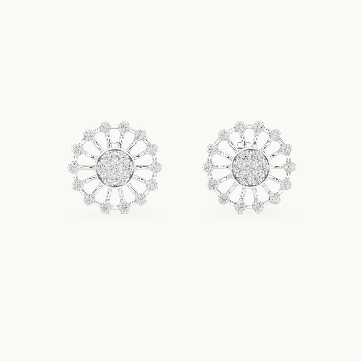 Round lab-grown diamond openwork sunburst stud earrings in white gold, 0.70 CT TW, view 4