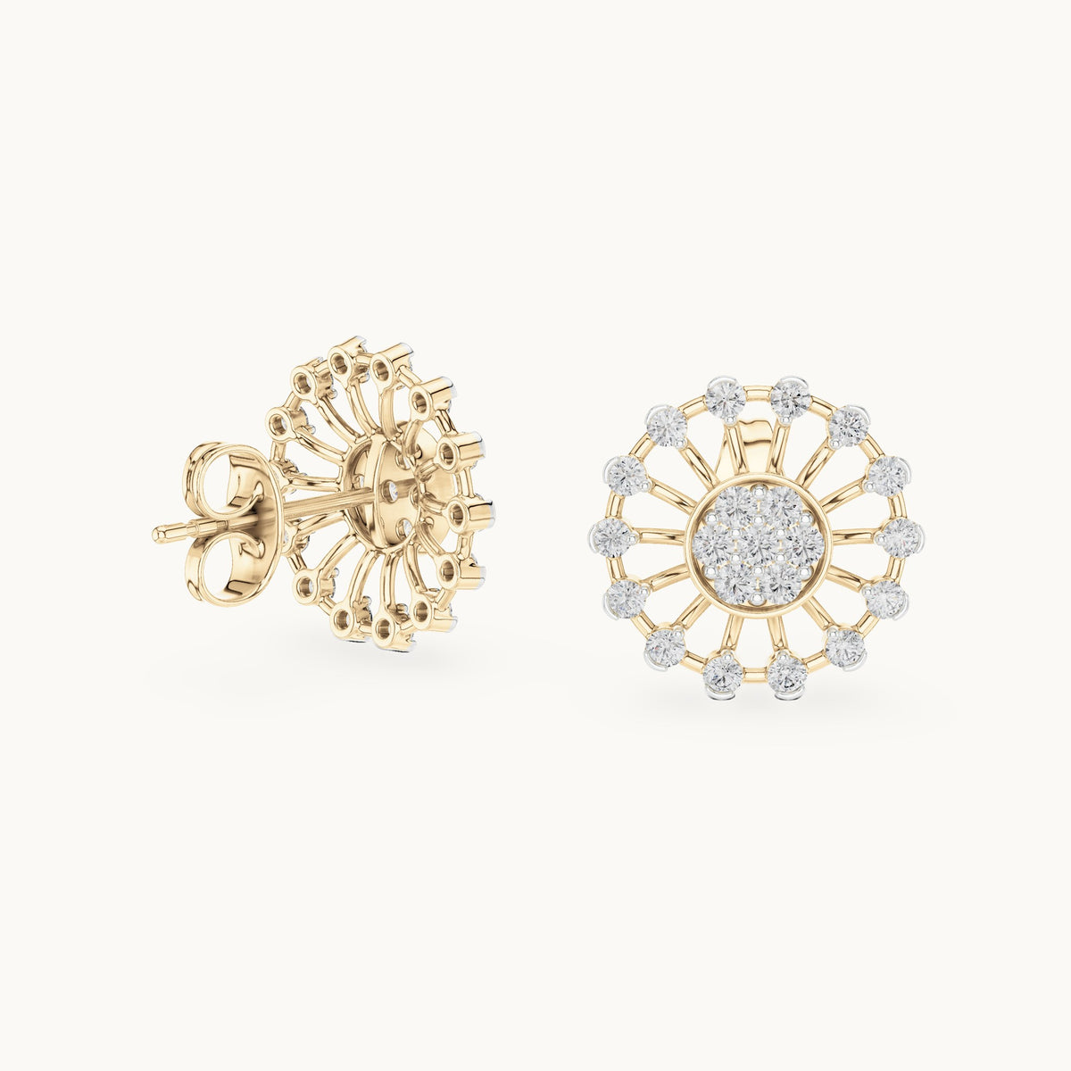Round lab-grown diamond openwork sunburst stud earrings in yellow gold, 0.70 CT TW, view 1