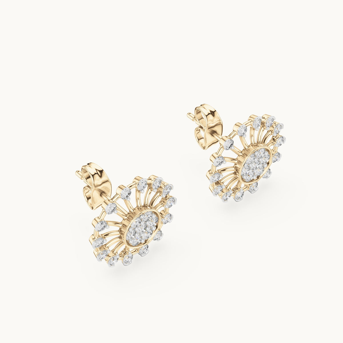 Round lab-grown diamond openwork sunburst stud earrings in yellow gold, 0.70 CT TW, view 2