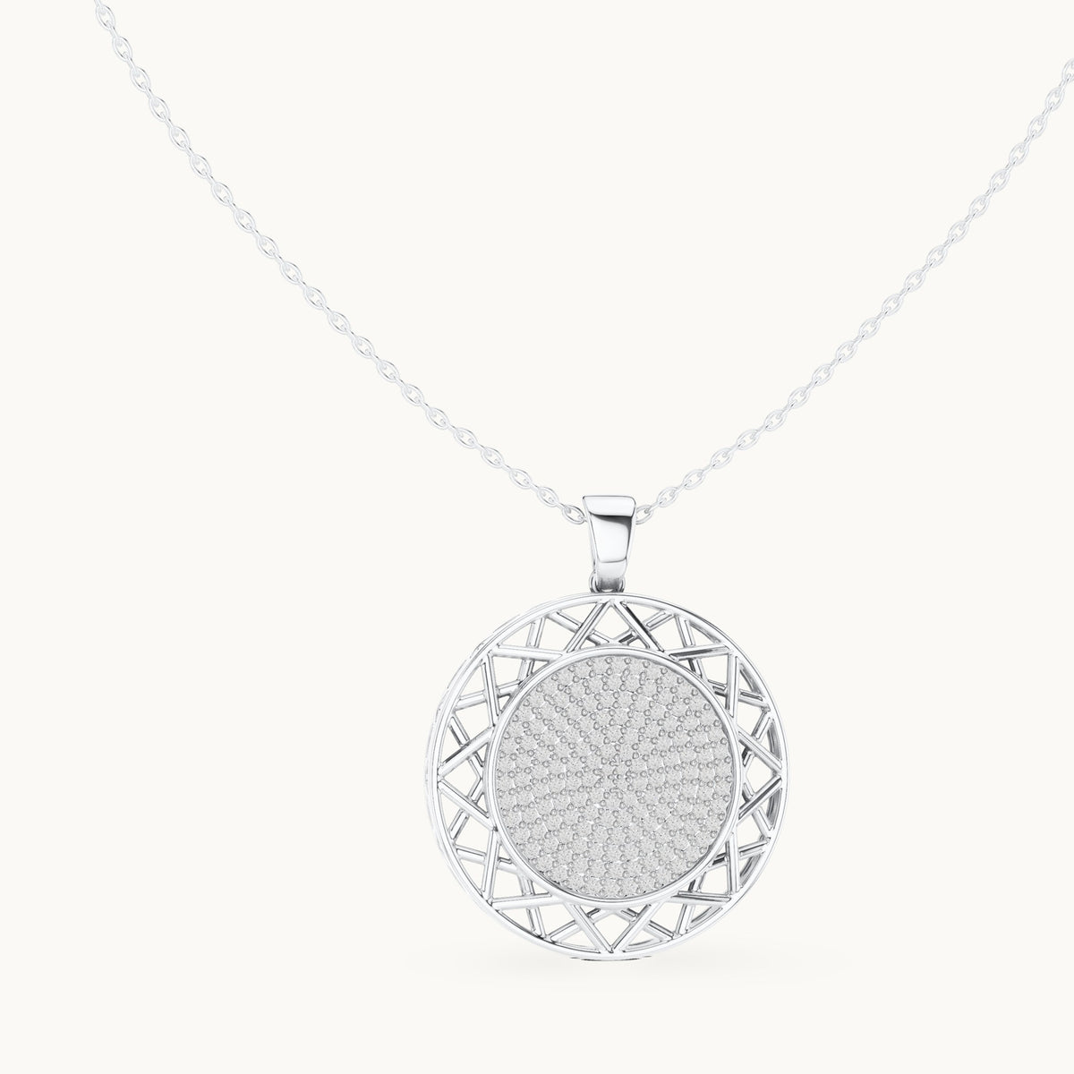 Round lab-grown diamond pave disc pendant in white gold, 1.152 CT TW, view 1