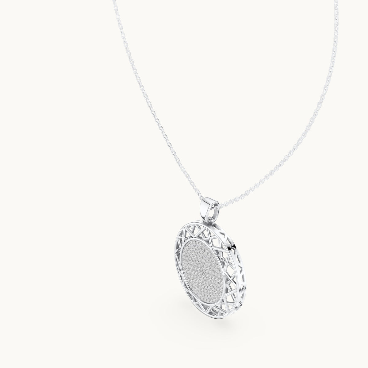 Round lab-grown diamond pave disc pendant in white gold, 1.152 CT TW, view 2