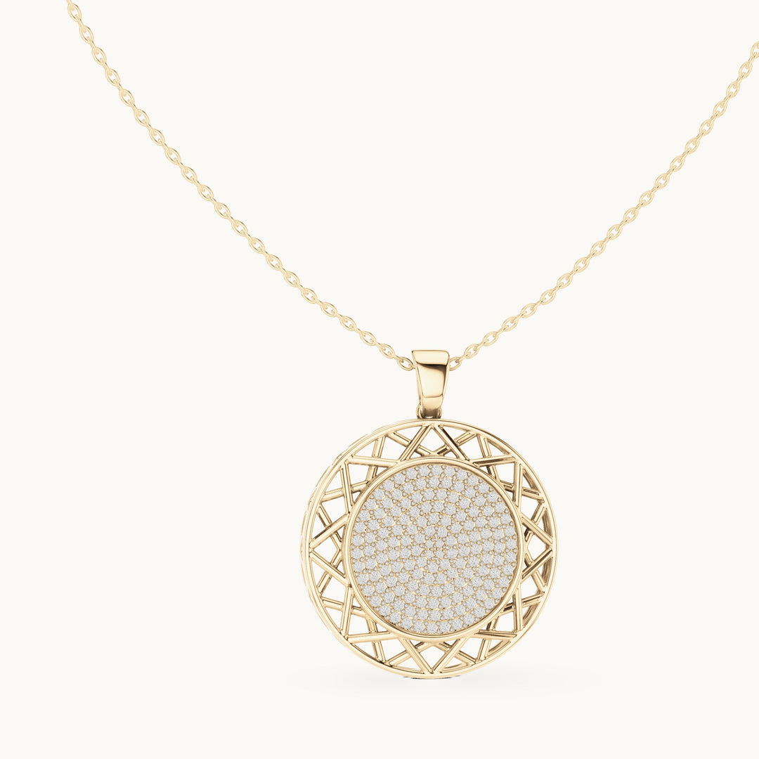 Round lab-grown diamond pave disc pendant in yellow gold, 1.152 CT TW, view 1