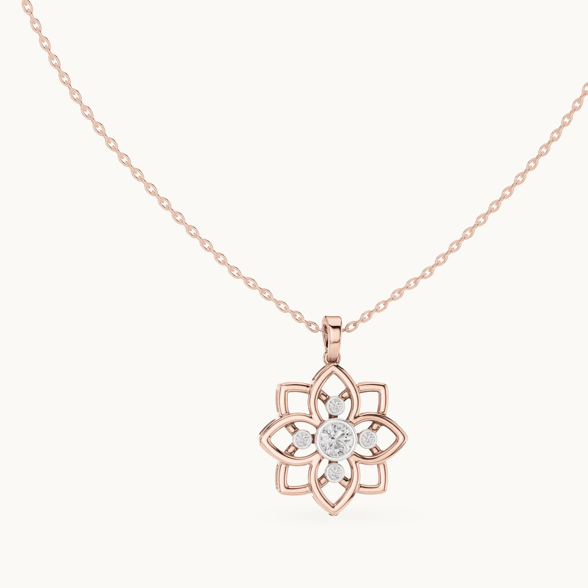 Round lab-grown diamond flower pendant in rose gold, 0.45 CT TW, view 1