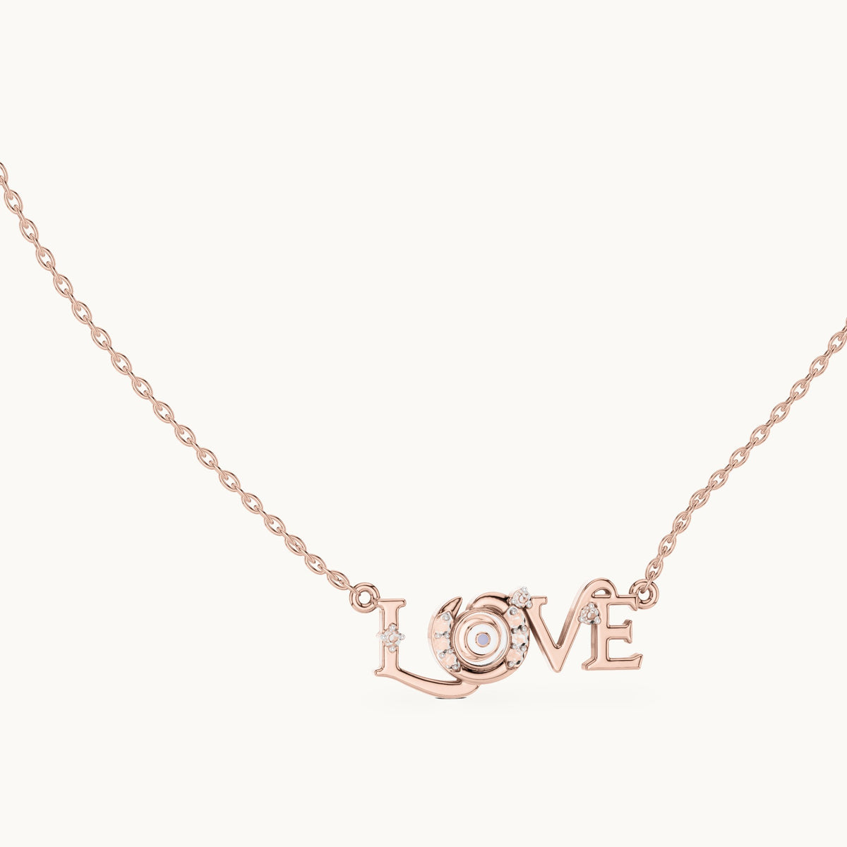 Round lab-grown diamond love script pendant in rose gold, 0.094 CT TW, view 1