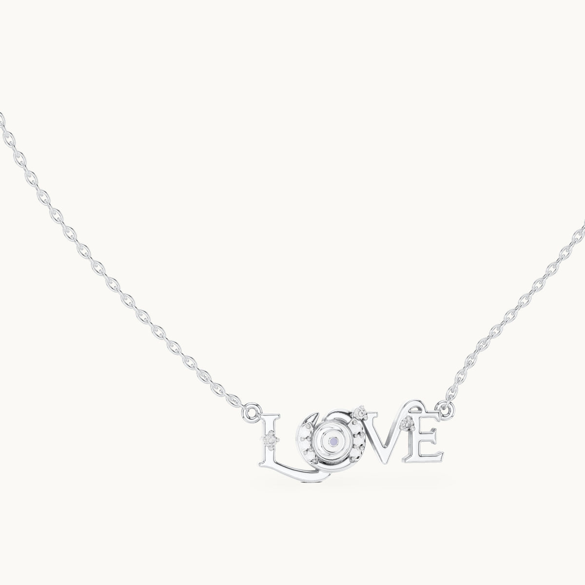 Round lab-grown diamond love script pendant in white gold, 0.094 CT TW, view 1