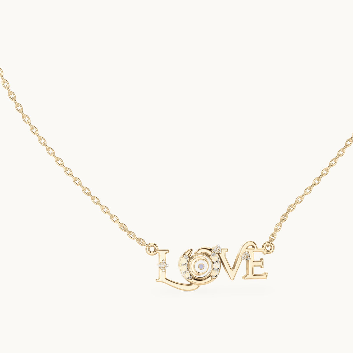 Round lab-grown diamond love script pendant in yellow gold, 0.094 CT TW, view 1