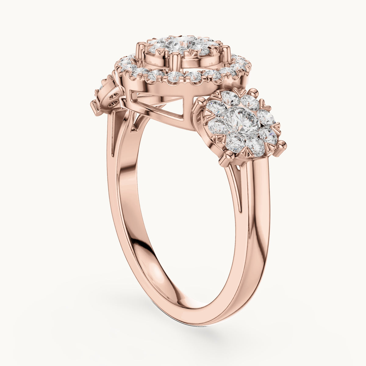 Round lab-grown diamond three-stone cluster halo ring in rose gold, 1.02 CT TW, view 1
