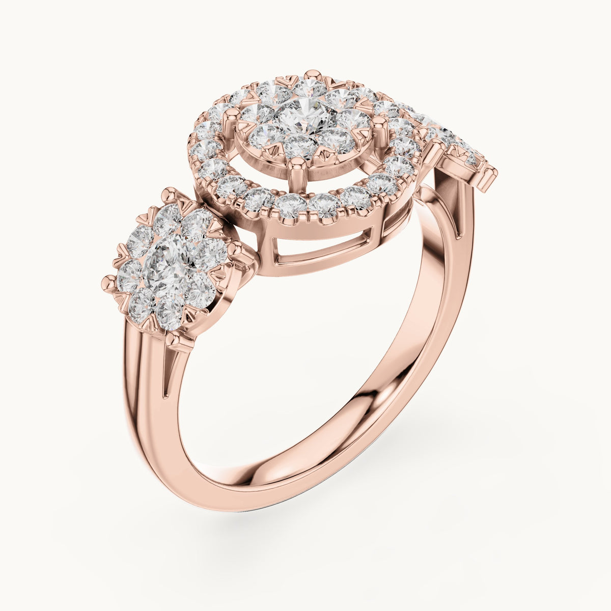 Round lab-grown diamond three-stone cluster halo ring in rose gold, 1.02 CT TW, view 2