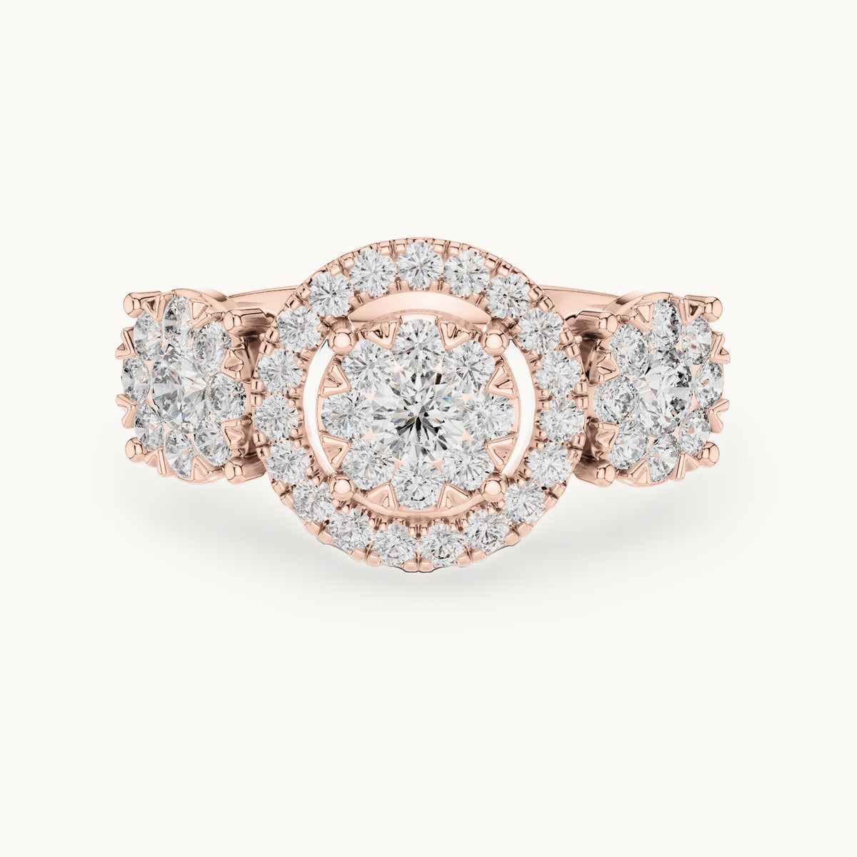 Round lab-grown diamond three-stone cluster halo ring in rose gold, 1.02 CT TW, view 4