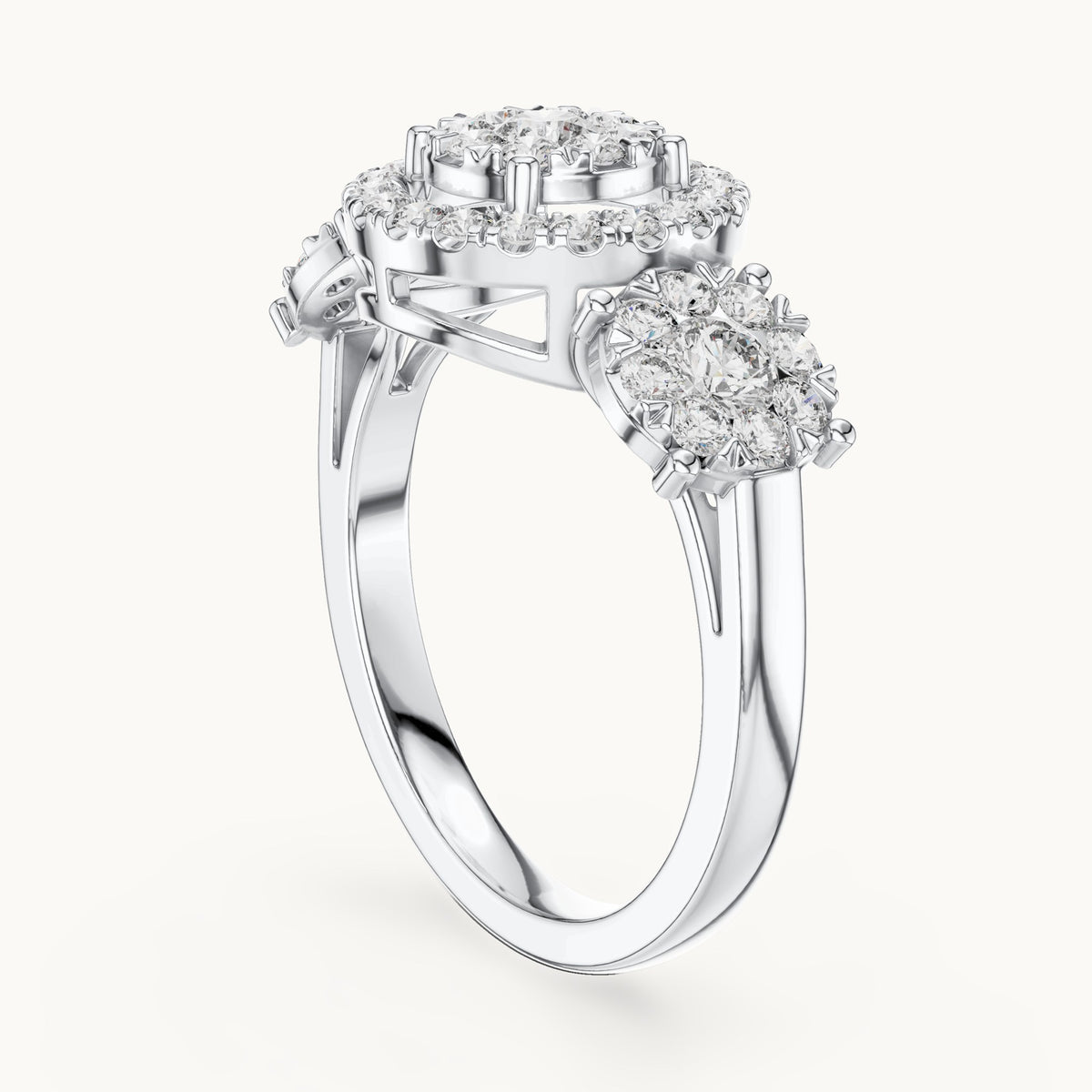 Round lab-grown diamond three-stone cluster halo ring in white gold, 1.02 CT TW, view 1