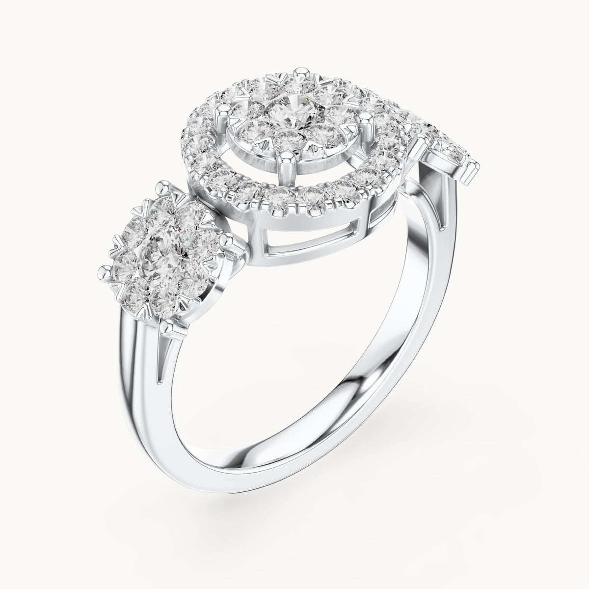 Round lab-grown diamond three-stone cluster halo ring in white gold, 1.02 CT TW, view 2