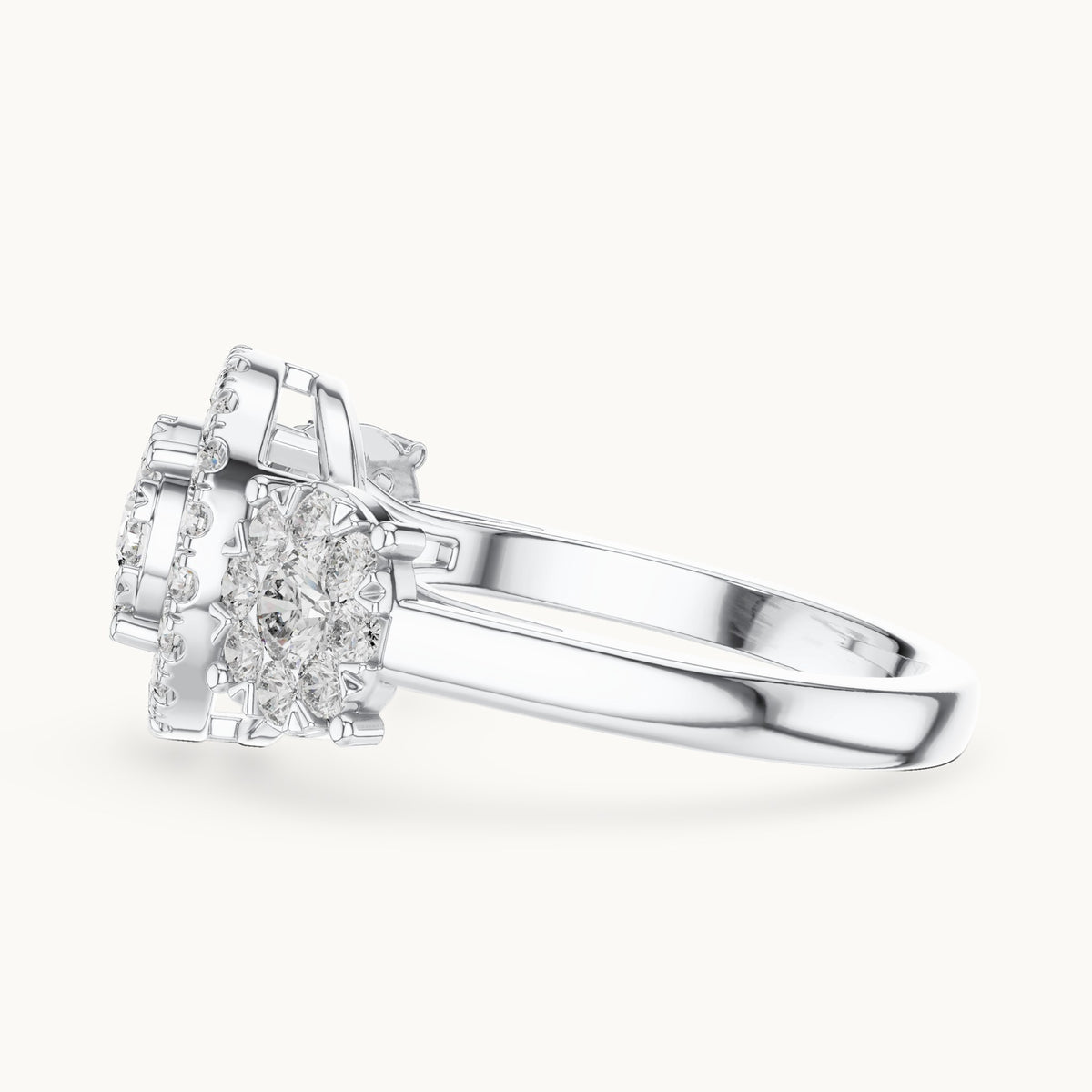 Round lab-grown diamond three-stone cluster halo ring in white gold, 1.02 CT TW, view 3