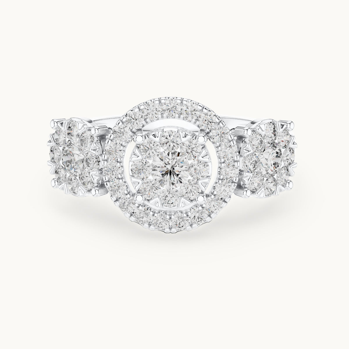 Round lab-grown diamond three-stone cluster halo ring in white gold, 1.02 CT TW, view 4