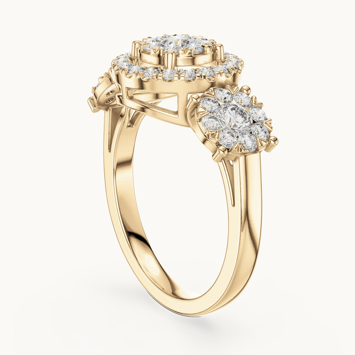 Round lab-grown diamond three-stone cluster halo ring in yellow gold, 1.02 CT TW, view 1