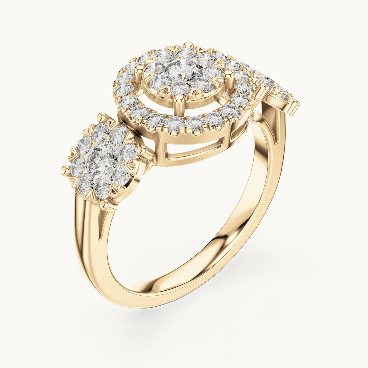 Round lab-grown diamond three-stone cluster halo ring in yellow gold, 1.02 CT TW, view 2