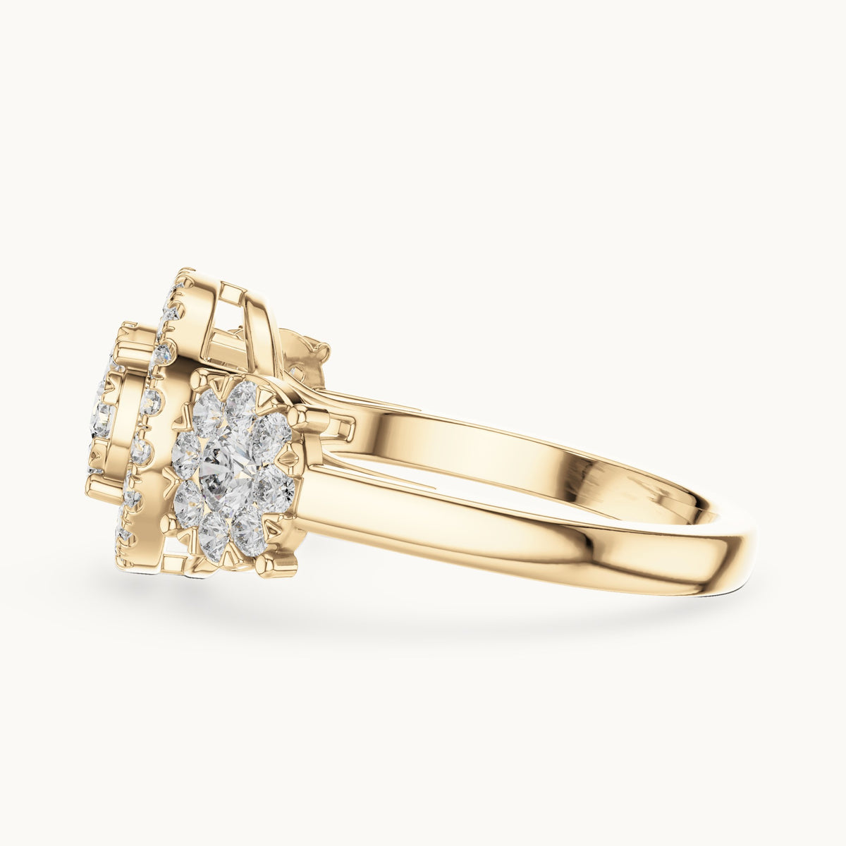 Round lab-grown diamond three-stone cluster halo ring in yellow gold, 1.02 CT TW, view 3