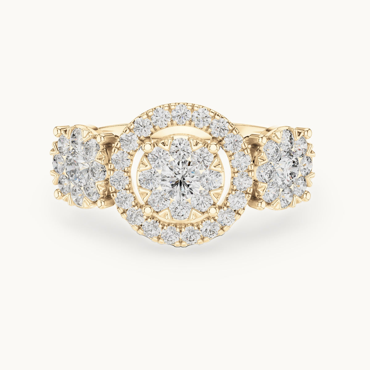 Round lab-grown diamond three-stone cluster halo ring in yellow gold, 1.02 CT TW, view 4