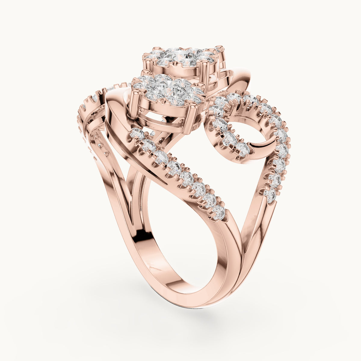 Round lab-grown diamond swirl cluster cocktail ring in rose gold, 1.298 CT TW, view 1