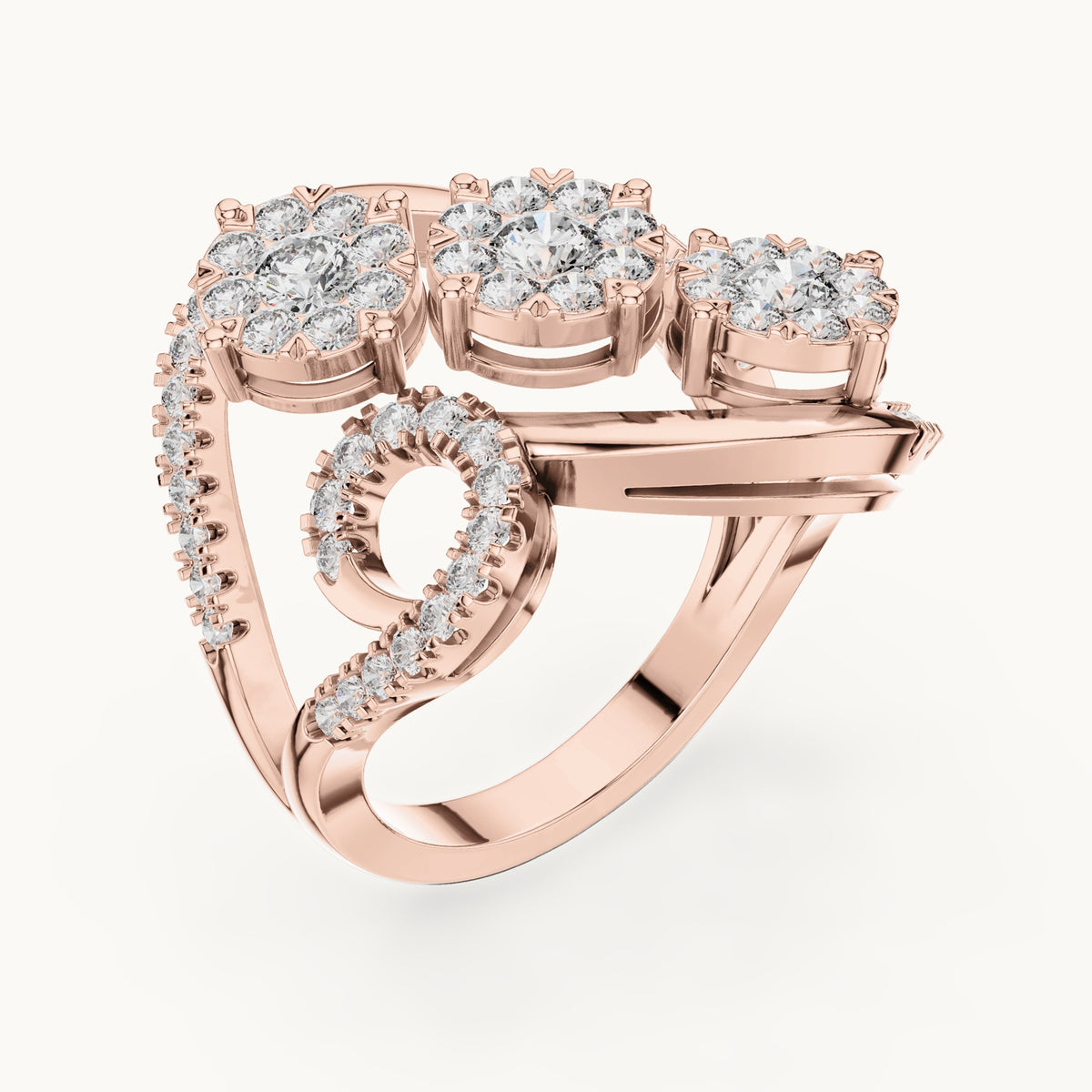 Round lab-grown diamond swirl cluster cocktail ring in rose gold, 1.298 CT TW, view 2