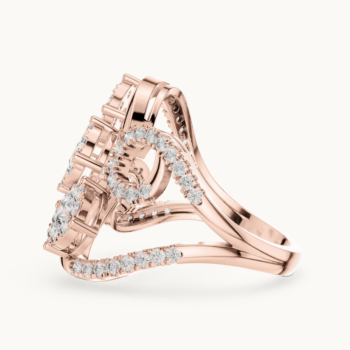 Round lab-grown diamond swirl cluster cocktail ring in rose gold, 1.298 CT TW, view 3