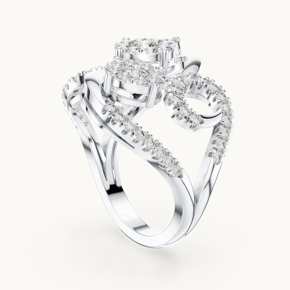 Round lab-grown diamond swirl cluster cocktail ring in white gold, 1.298 CT TW, view 1