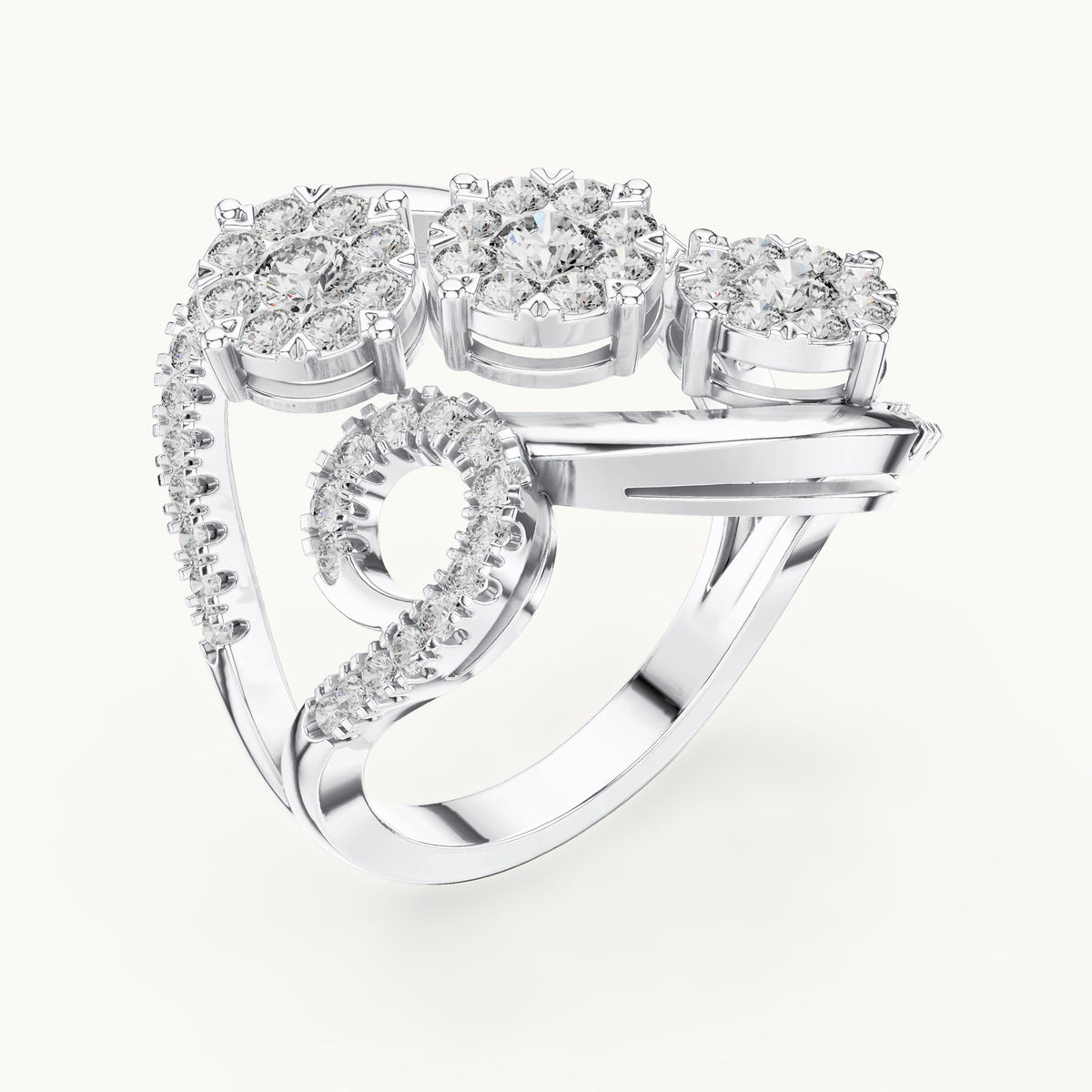 Round lab-grown diamond swirl cluster cocktail ring in white gold, 1.298 CT TW, view 2