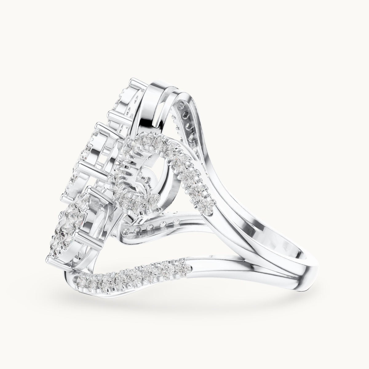 Round lab-grown diamond swirl cluster cocktail ring in white gold, 1.298 CT TW, view 3