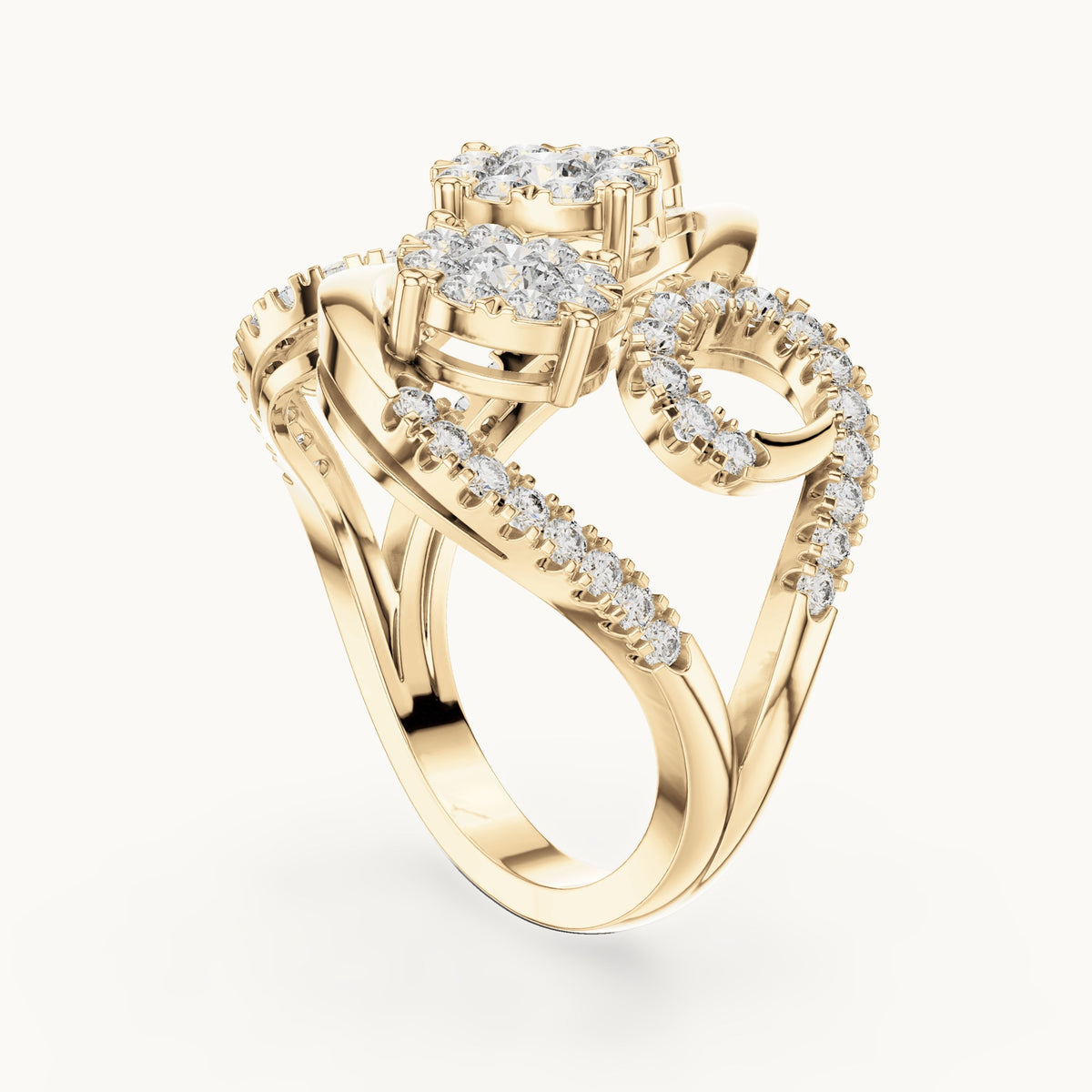 Round lab-grown diamond swirl cluster cocktail ring in yellow gold, 1.298 CT TW, view 1