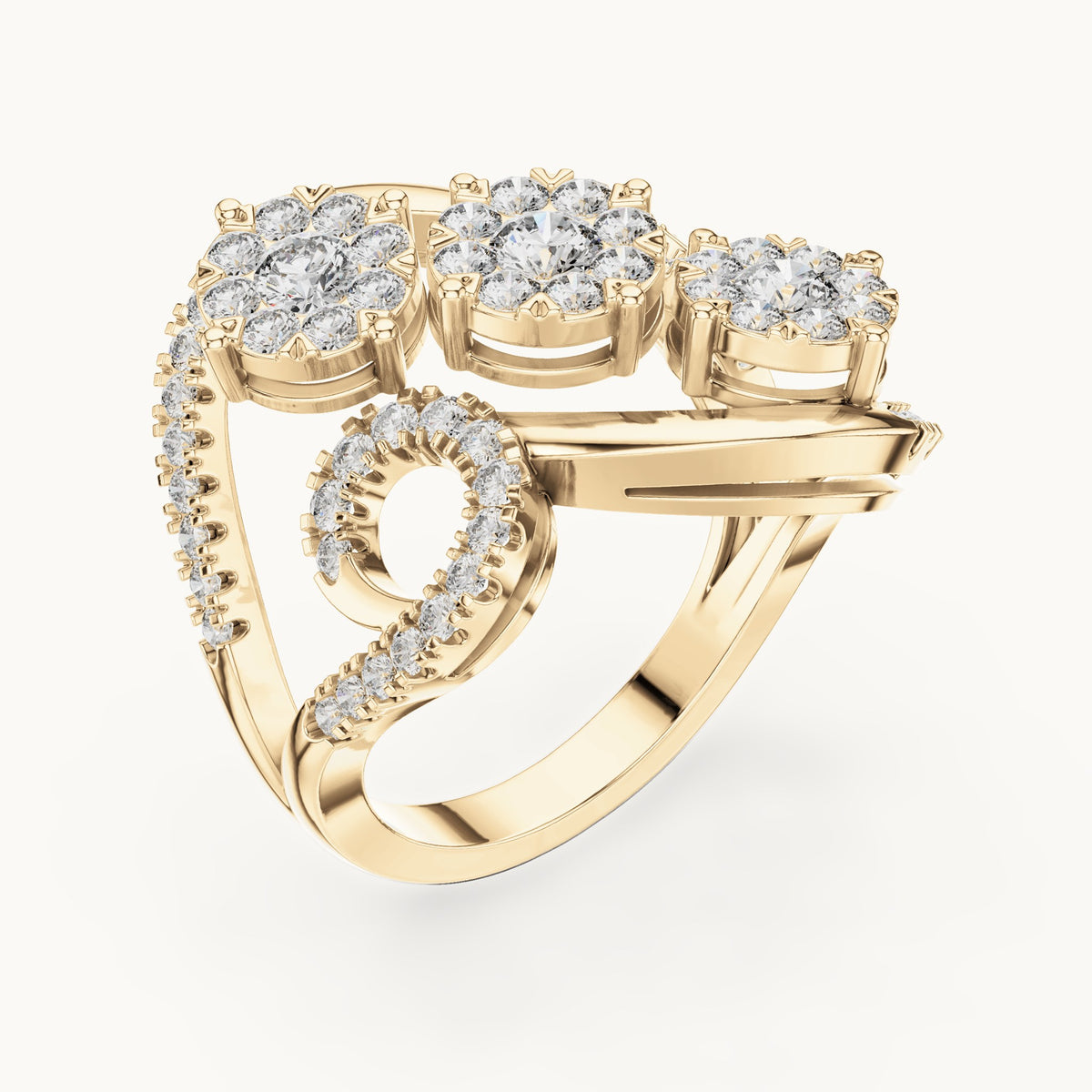 Round lab-grown diamond swirl cluster cocktail ring in yellow gold, 1.298 CT TW, view 2