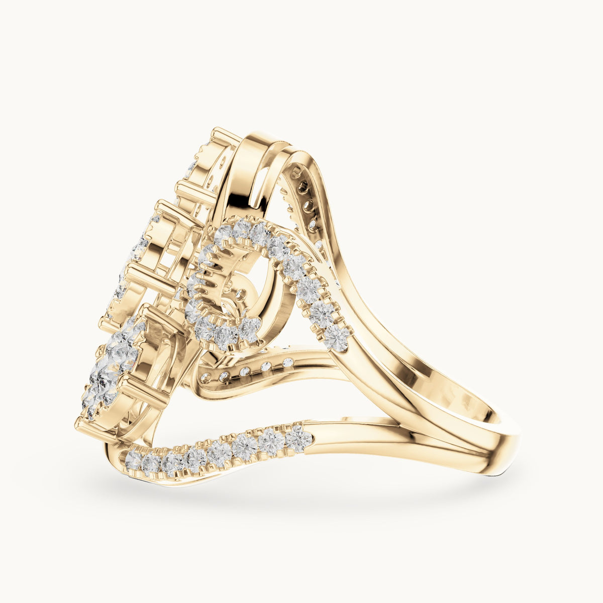 Round lab-grown diamond swirl cluster cocktail ring in yellow gold, 1.298 CT TW, view 3