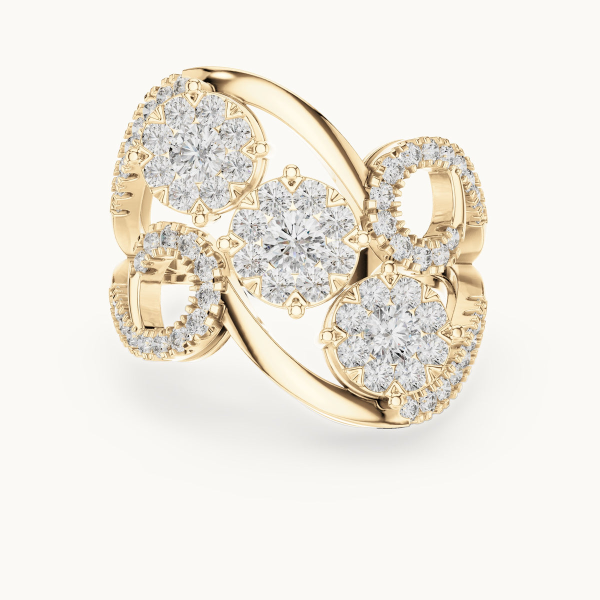 Round lab-grown diamond swirl cluster cocktail ring in yellow gold, 1.298 CT TW, view 4