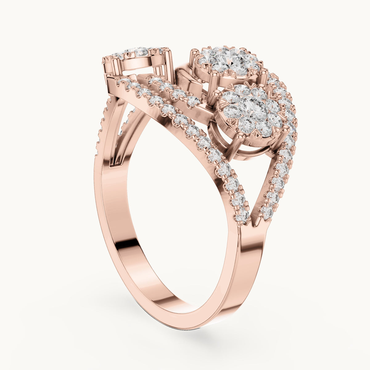 Round lab-grown diamond toi et moi cluster bypass ring in rose gold, 0.655 CT TW, view 1