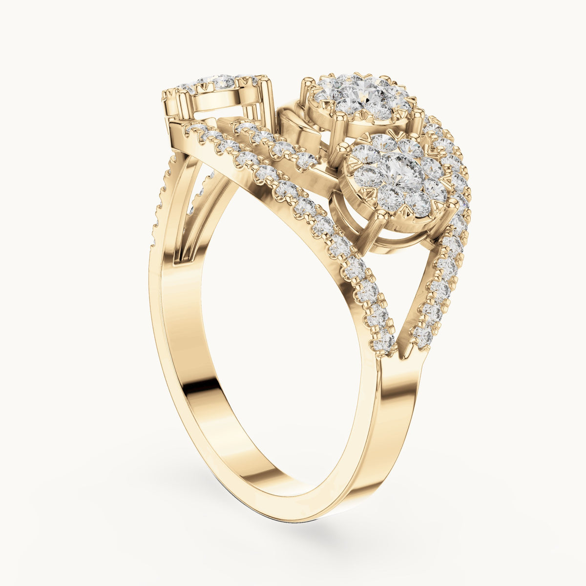 Round lab-grown diamond toi et moi cluster bypass ring in yellow gold, 0.655 CT TW, view 1