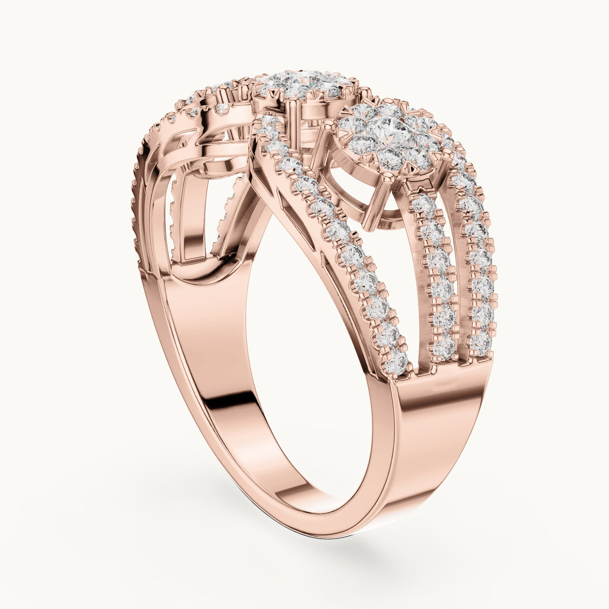 Round lab-grown diamond twin cluster halo split band ring in rose gold, 0.75 CT TW, view 1