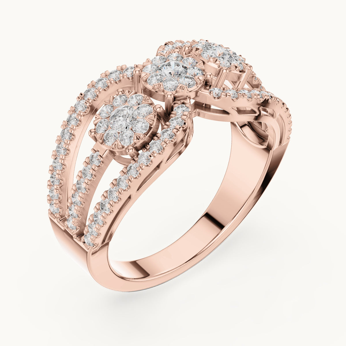 Round lab-grown diamond twin cluster halo split band ring in rose gold, 0.75 CT TW, view 2