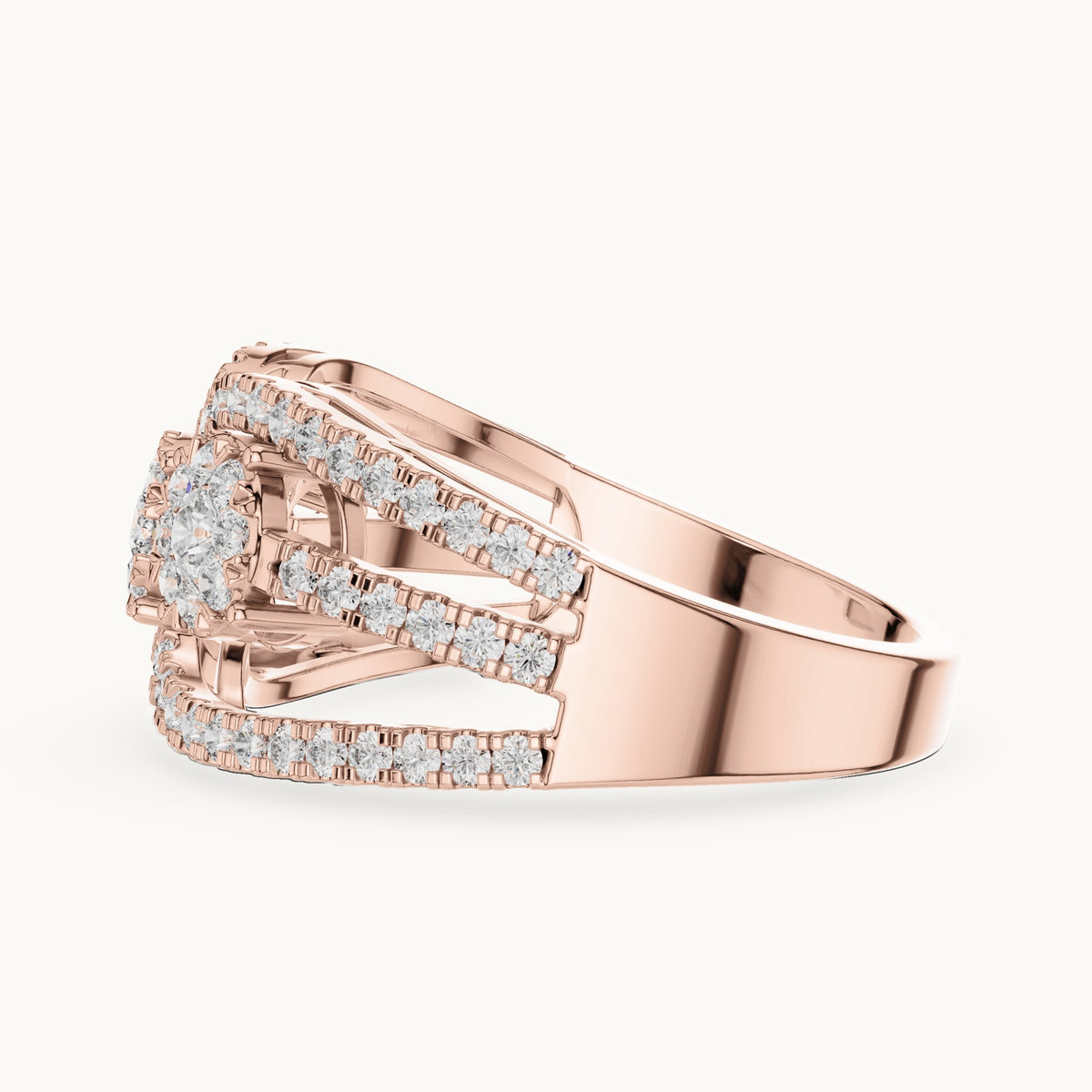 Round lab-grown diamond twin cluster halo split band ring in rose gold, 0.75 CT TW, view 3