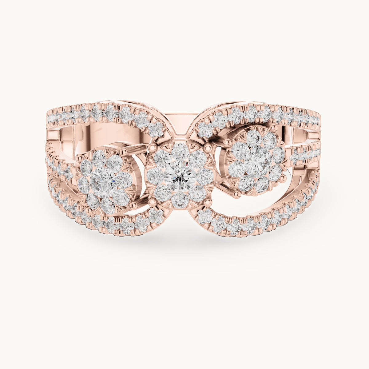 Round lab-grown diamond twin cluster halo split band ring in rose gold, 0.75 CT TW, view 4