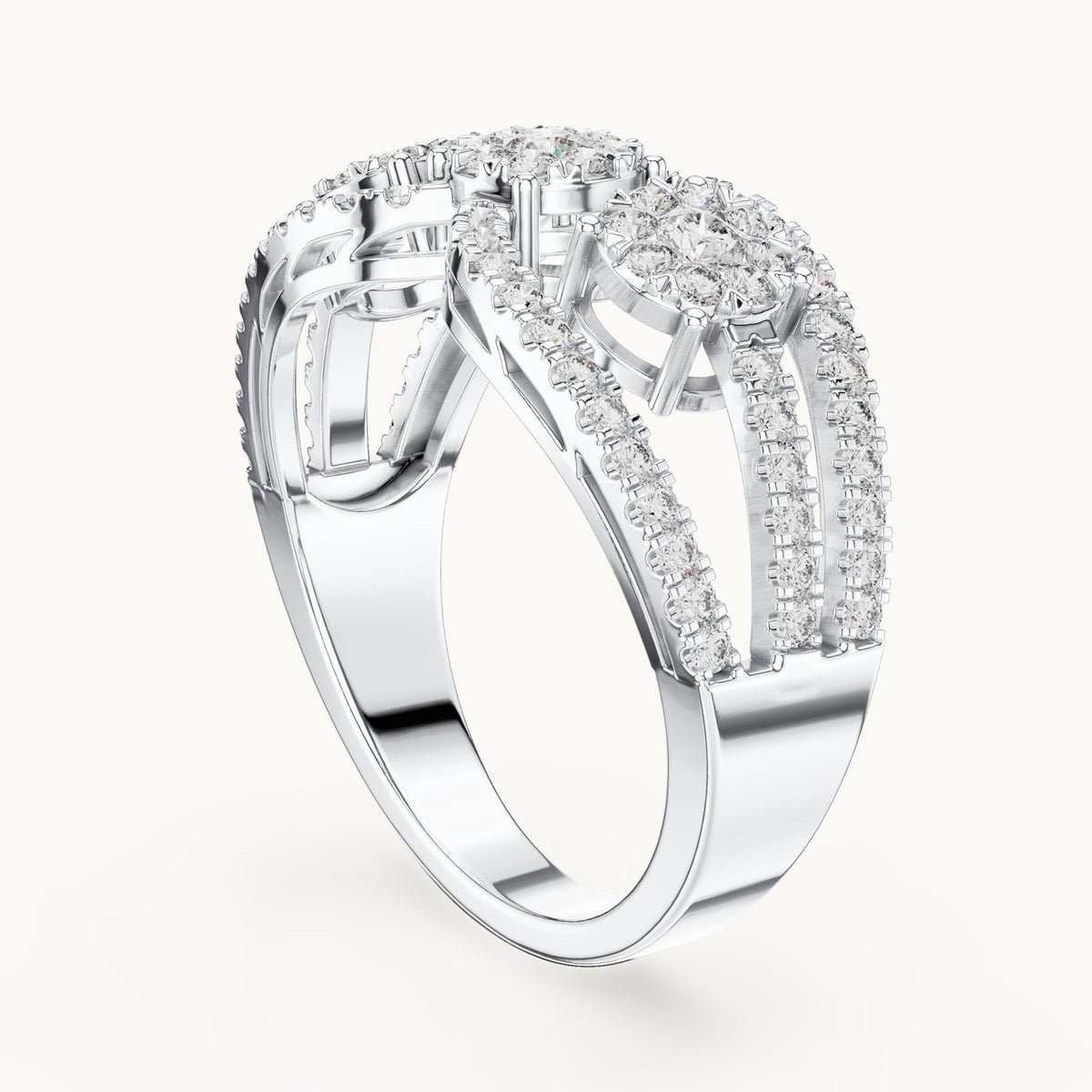 Round lab-grown diamond twin cluster halo split band ring in white gold, 0.75 CT TW, view 1