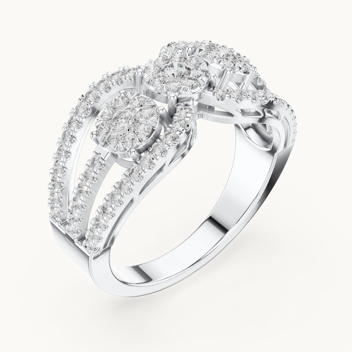 Round lab-grown diamond twin cluster halo split band ring in white gold, 0.75 CT TW, view 2