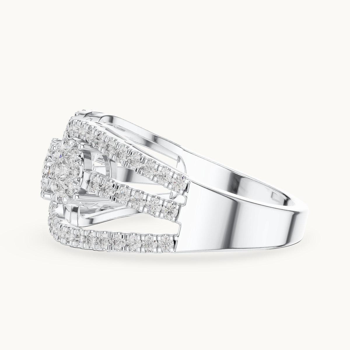 Round lab-grown diamond twin cluster halo split band ring in white gold, 0.75 CT TW, view 3