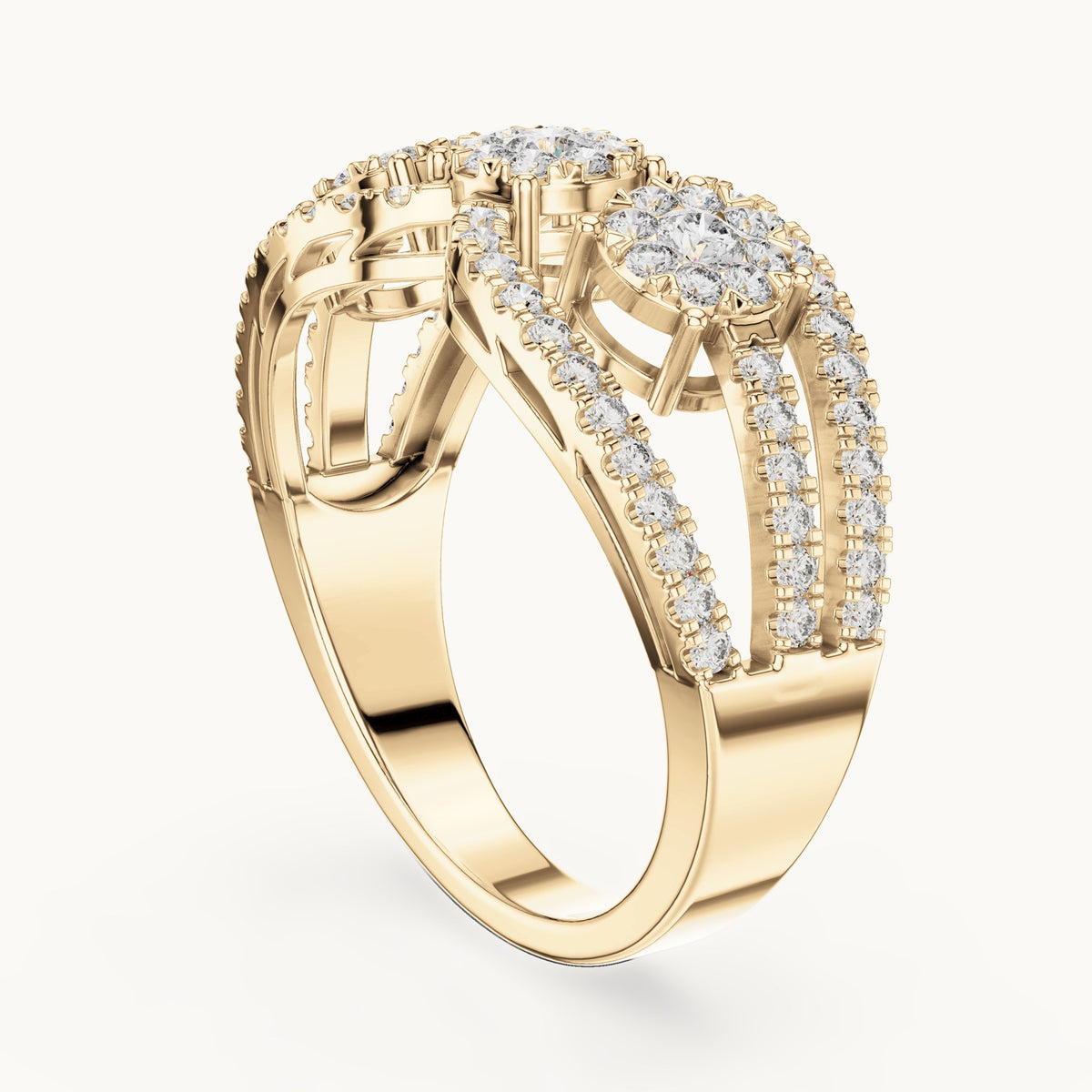 Round lab-grown diamond twin cluster halo split band ring in yellow gold, 0.75 CT TW, view 1