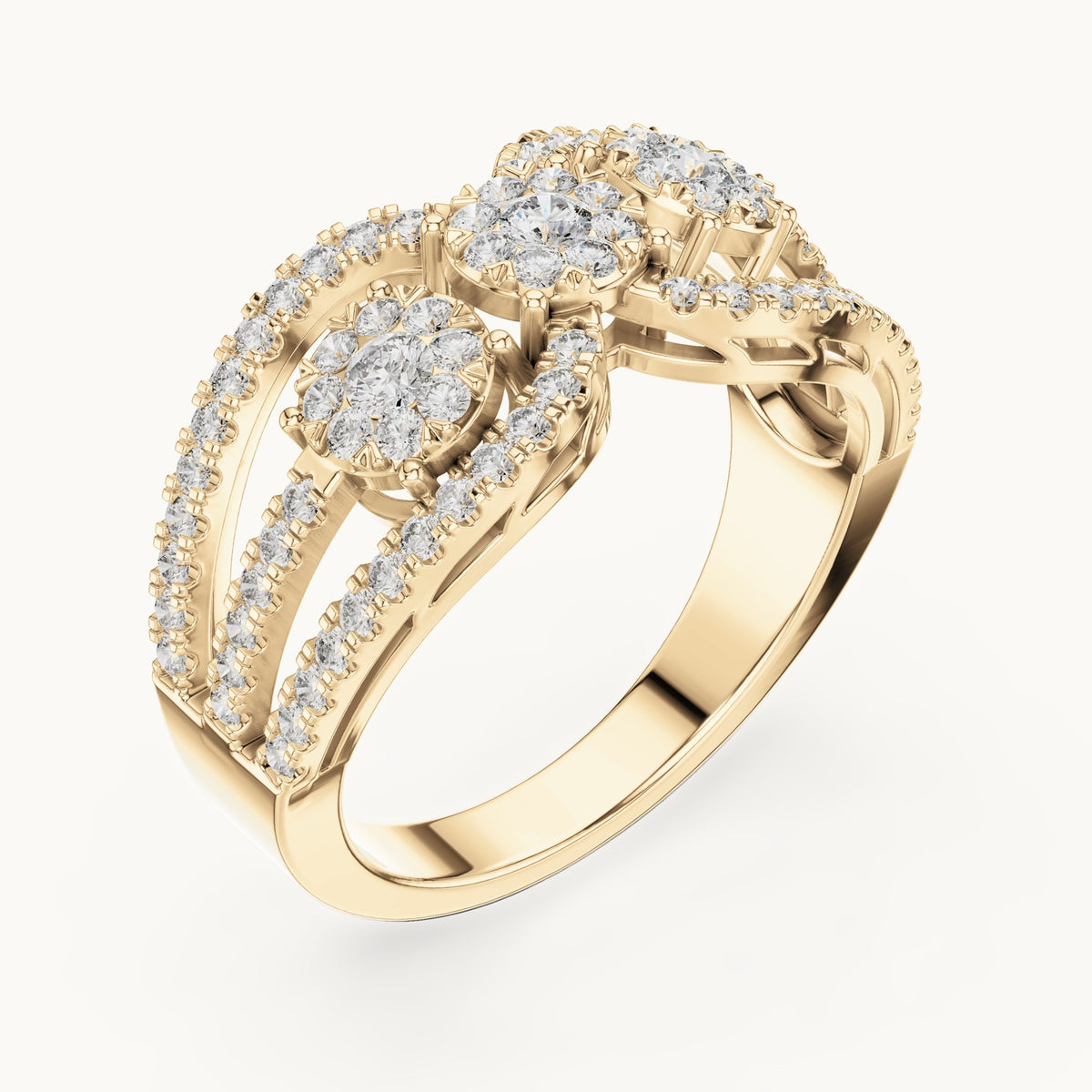 Round lab-grown diamond twin cluster halo split band ring in yellow gold, 0.75 CT TW, view 2