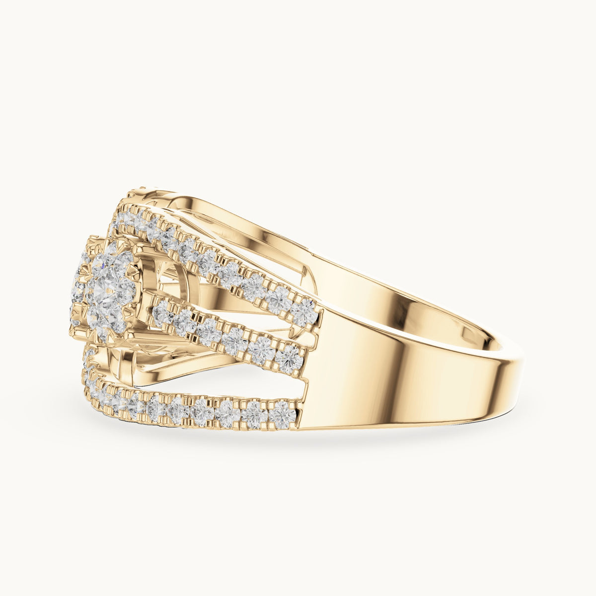 Round lab-grown diamond twin cluster halo split band ring in yellow gold, 0.75 CT TW, view 3