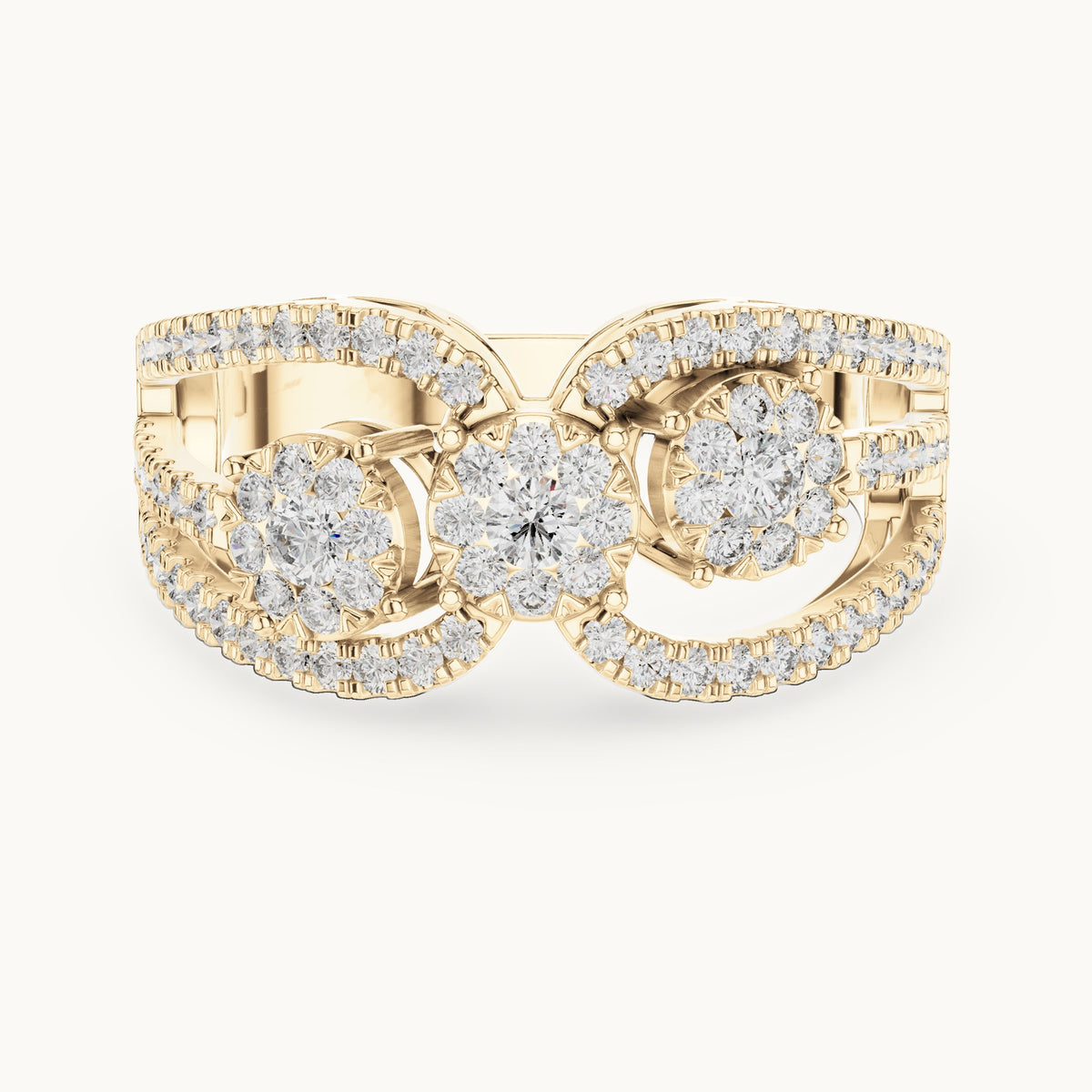 Round lab-grown diamond twin cluster halo split band ring in yellow gold, 0.75 CT TW, view 4