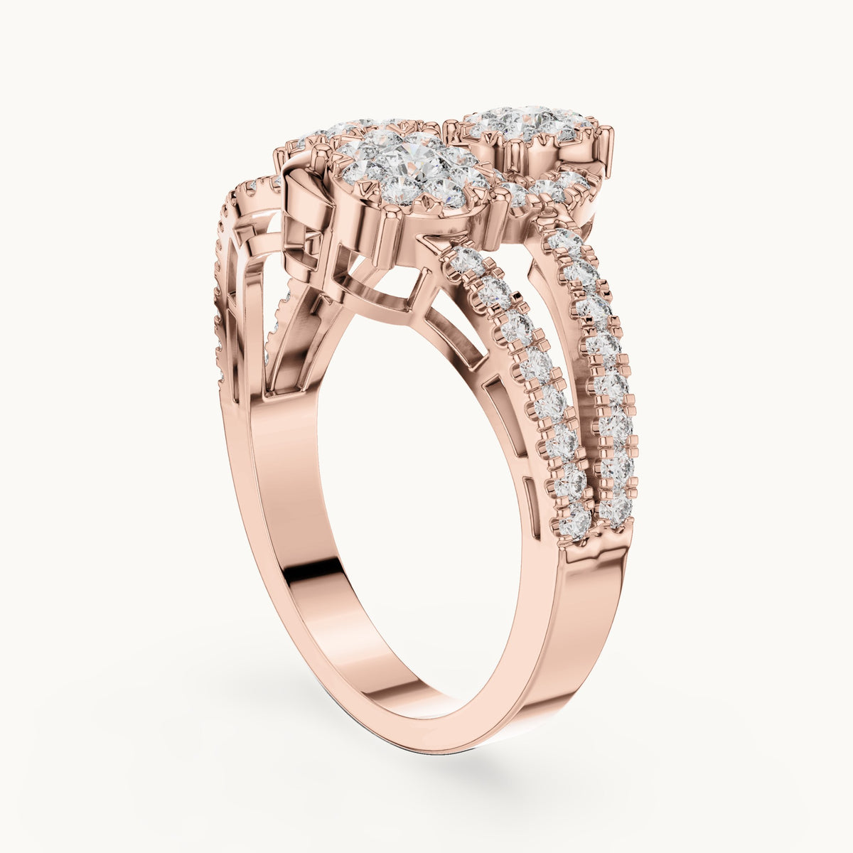 Round lab-grown diamond split pavé toi et moi cluster ring in rose gold, 0.778 CT TW, view 1