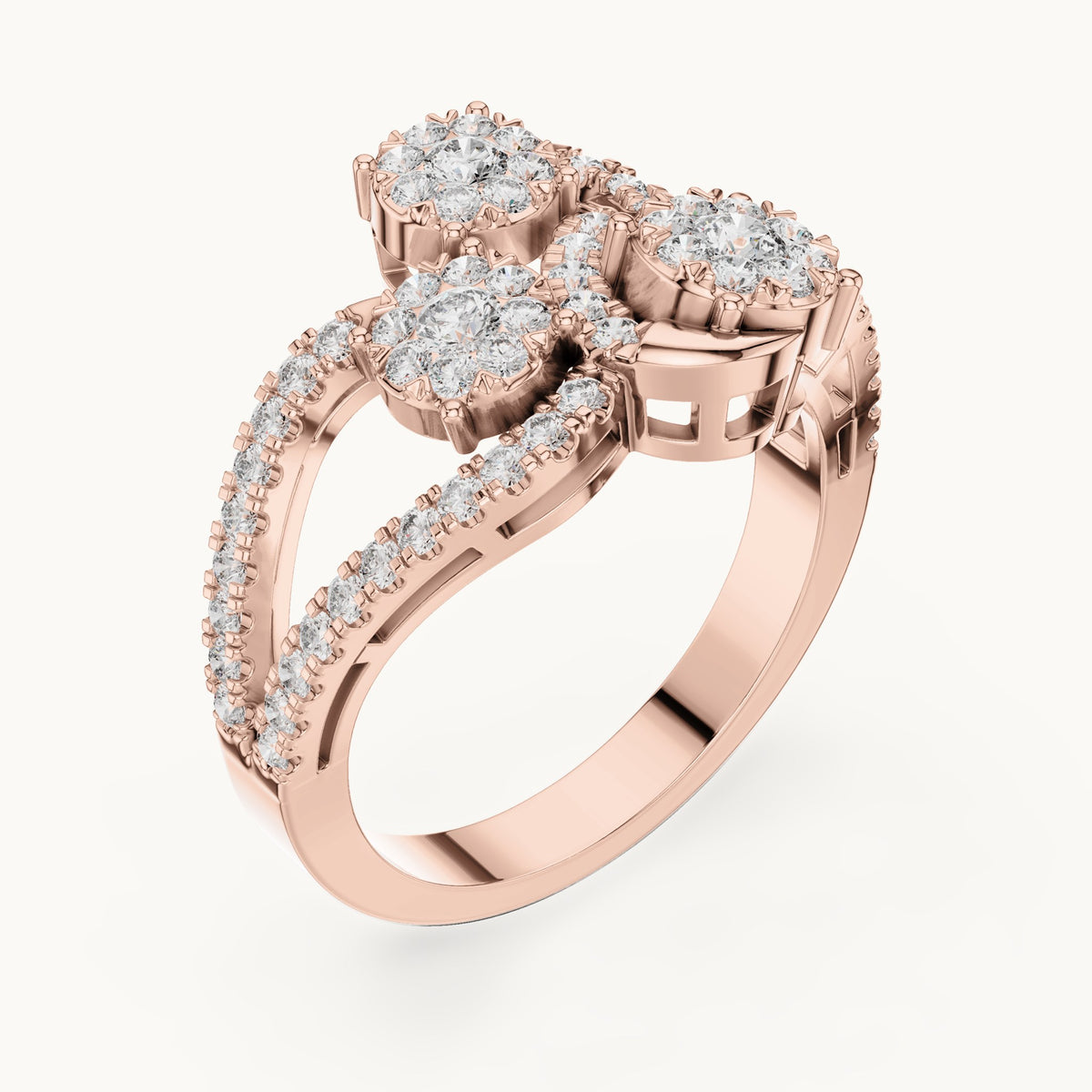 Round lab-grown diamond split pavé toi et moi cluster ring in rose gold, 0.778 CT TW, view 2