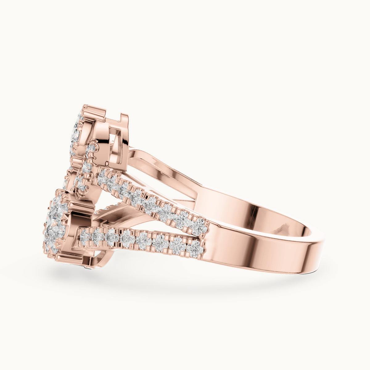 Round lab-grown diamond split pavé toi et moi cluster ring in rose gold, 0.778 CT TW, view 3