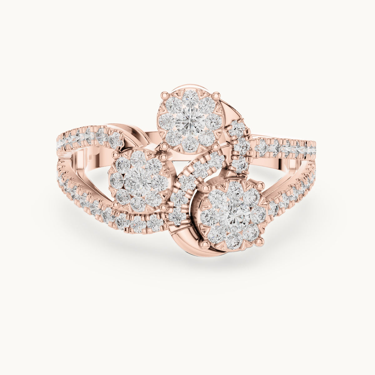 Round lab-grown diamond split pavé toi et moi cluster ring in rose gold, 0.778 CT TW, view 4